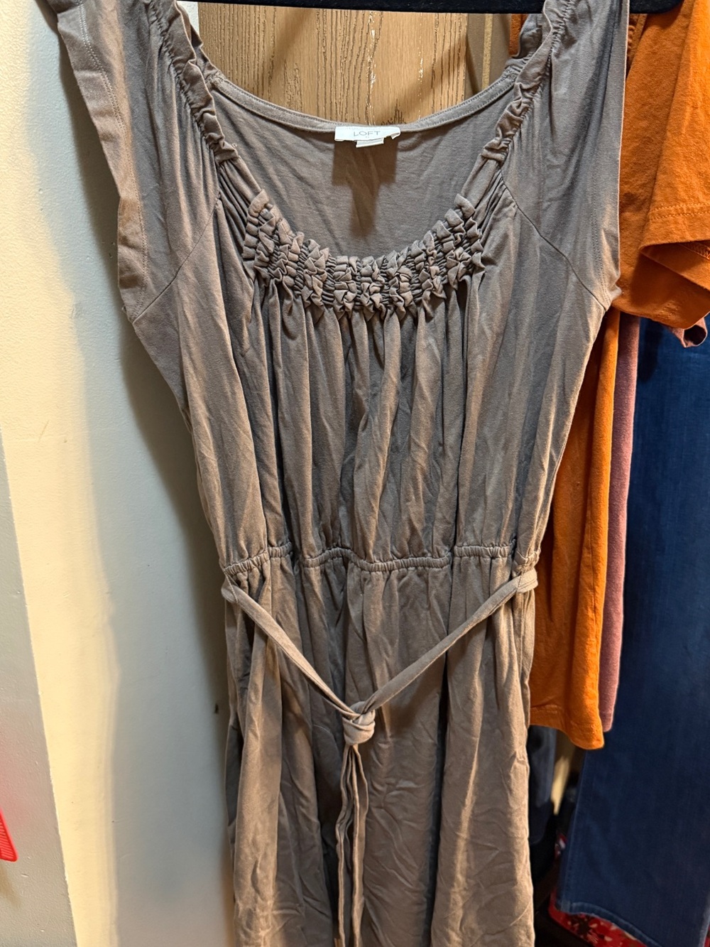 LOFT Taupe Smocked-Neck Sleeveless Jumpsuit with Tie Waist